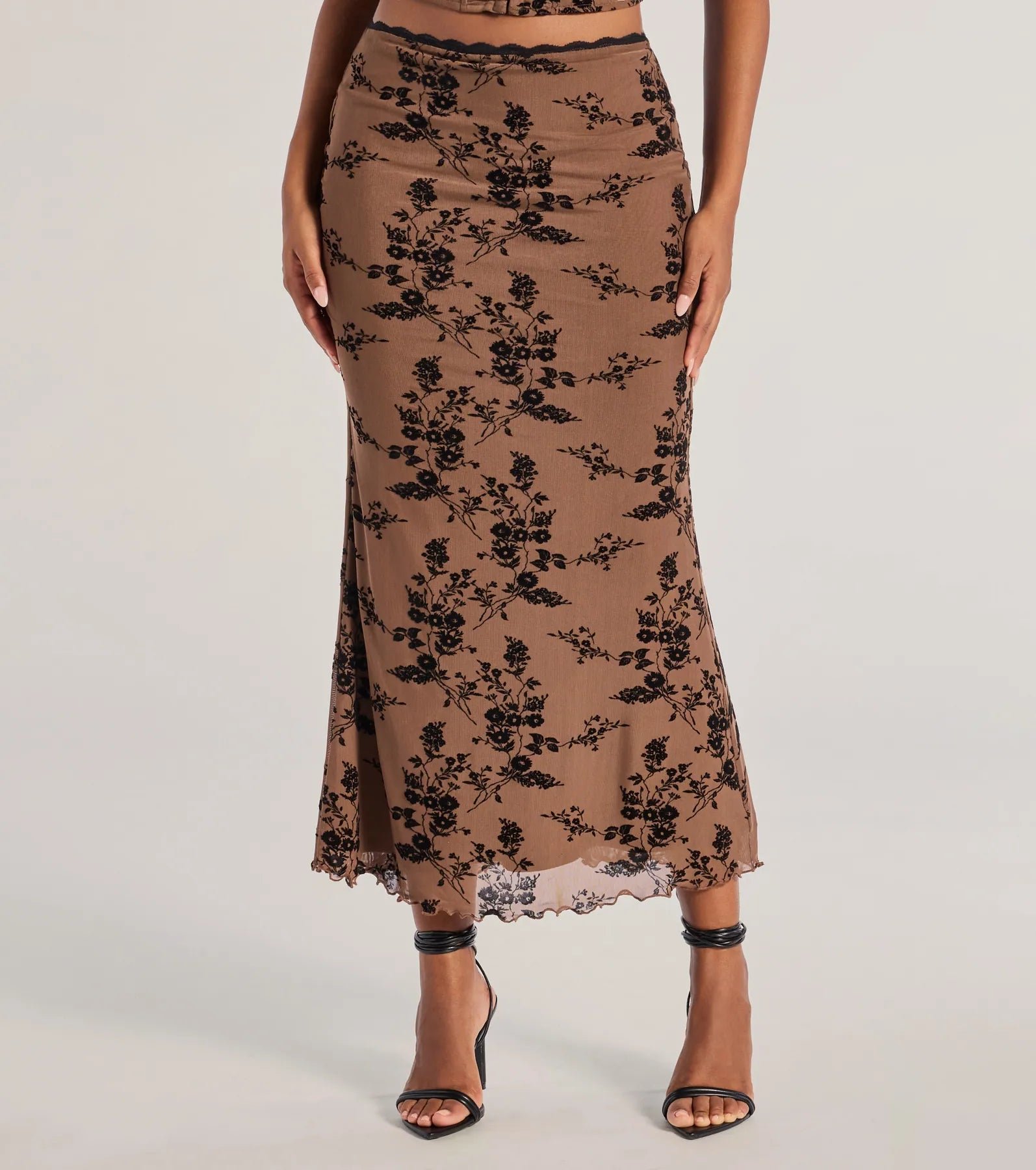 Romantic Aura Flocked Floral Mesh Maxi Skirt - Image 4